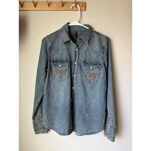 Stetson Womens Medium Blue Denim Western Shirt Dragonfly Embroidery Pearl Snap